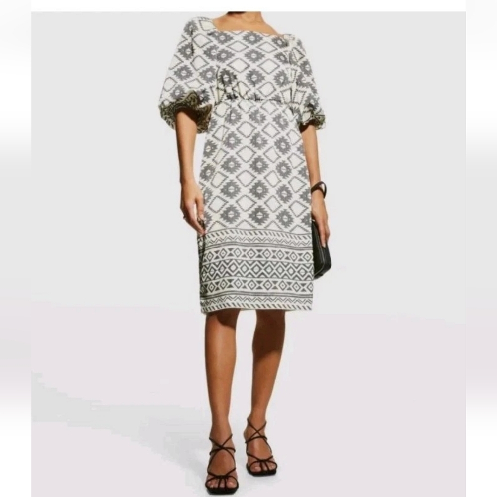 Sachini Babi Square Neck Sheath Dress Sz XL Ivory Satin Grey Tribal Puff Sleeves